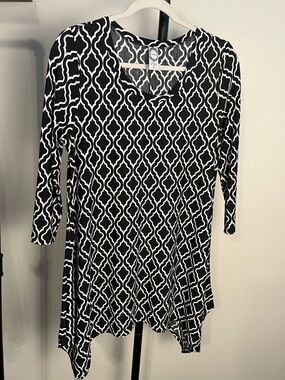 Honeyme Black & White Geometric Tunic Top 3/4 Sleeve Stretchy Small